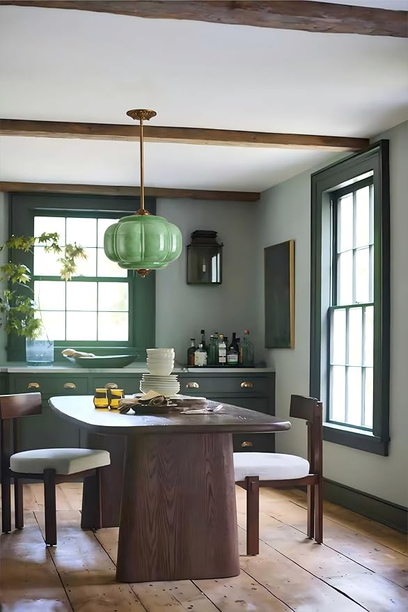 Green Milk Glass Ceiling Light Fixture, 15" Semi Flush Mount Pendant Light with Antique Brass Finish, Schoolhouse Light Fixture - Antique Chandelier for Kitchen, Hallway, Dining Room