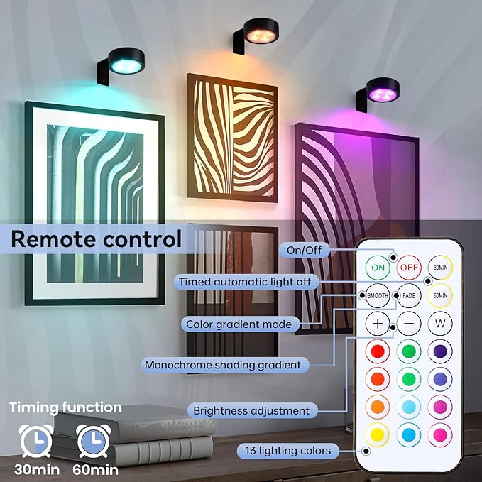 2-Pack Wireless Battery Operated Painting Light with Remote Control,13 Color RGB Magnetic Led Art Display Light for Picture Frame, Dimmable and Timer Painting Light, Wall Decor Black display light