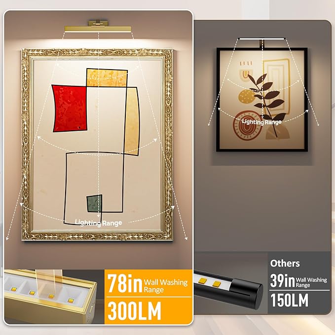 Afyuol Picture Lights for Wall, Brushed Gold Battery Operated Picture Light 16in Art Light CCT Dimmable Recharging Battery Wall Light with Remote Control for Living Room Gallery 2PCS