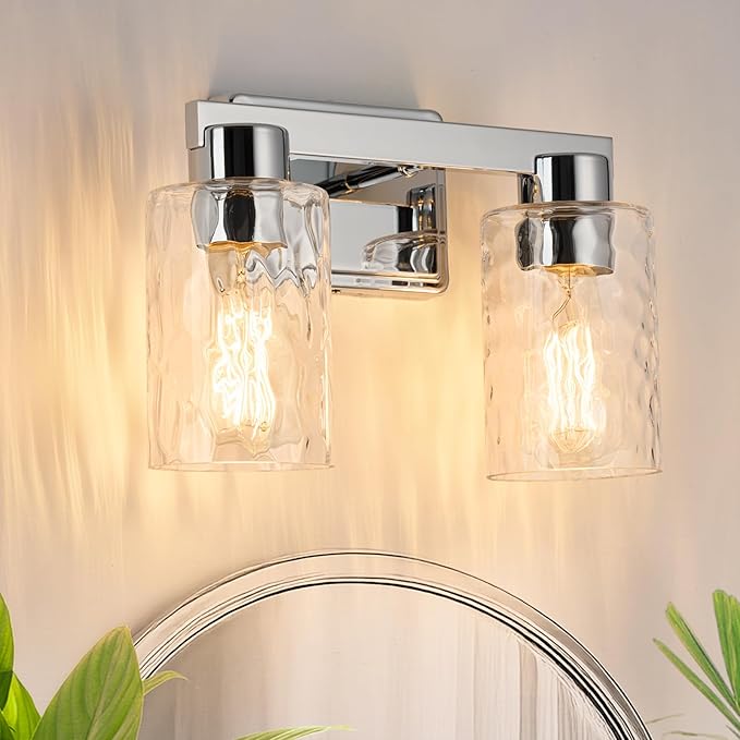 2-Light Bathroom Light Fixtures Modern Chrome Vanity Lights with Water Ripple Glass Wall Sconces Over Mirror for Bathroom, Powder Room, Living Room