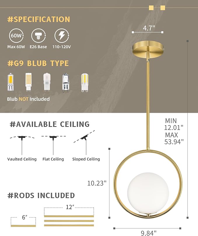 AUTELO Pendant Lights Kitchen Island, 1-Light Brushed Gold Modern Pendant Lights with Milky White Globe Hanging Lamp, Adjustable Rods for Kitchen Bar Living Room, H9380 MGBG