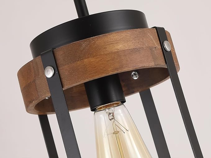 Rustic Farmhouse Wood Pendant Light Fixture One-Light Adjustable Rods Oak Wood and Metal Lantern Drum Small Pendant Lighting for Kitchen Island Sink Hallway Bathroom Bar Farmhouse, Black
