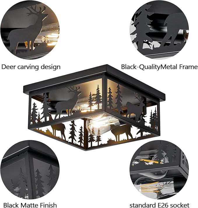 Farmhouse Rustic Deer Ceiling Light Fixtures, Vintage Metal Cage Light Perfests for Kitchen, Living Room, Bedroom, Balcony, Entryway, Hallway, Cabin(Bulbs not Included)