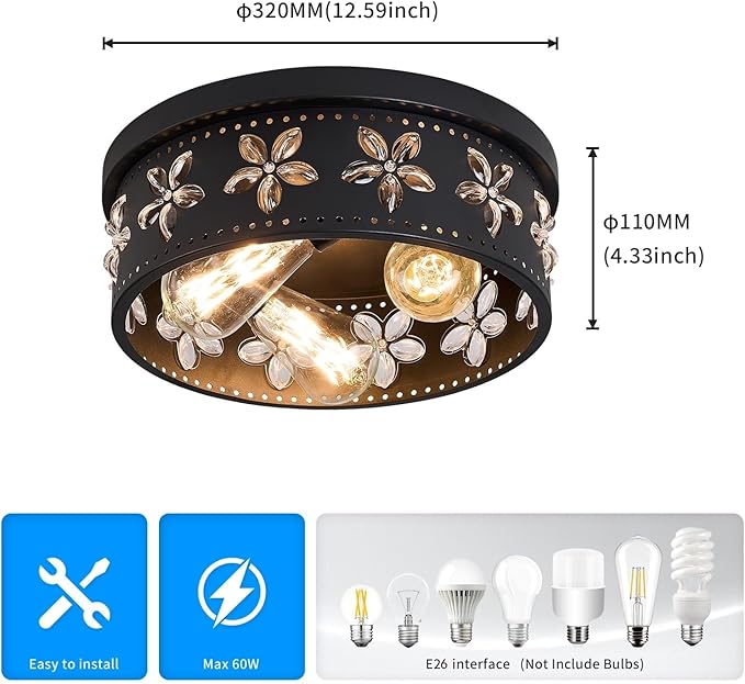 12.6 inch Black Flush Mount Ceiling Light Fixtures, 3-Light Ceiling Mount for Industrial, Crystal Light Fixtures for Farmhouse, Bedroom, Living Room, Kitchen, Hallway and Foyer (1 Pack)