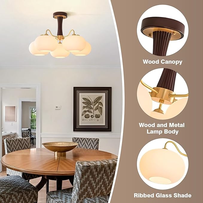 Vintage Flush Mount Ceiling Light 28" Large Semi Flush Mount Ceiling Light with 5-Light,Gold & Wood Design,Glass Lampshade,Ideal for Kitchen Bedroom Farmhouse