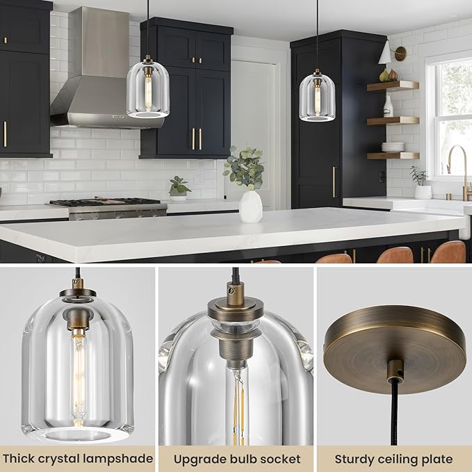 Crystal Pendant Light Kitchen Island: Set of 2 Vintage Brass Hanging Lights above Dining Table - 5.1" K9 Crystals Lighting over Kitchen Sink - Luxury Cylinder Pendants Light Fixtures Bulbs Included