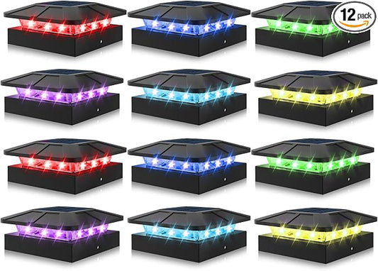 Peasur 4x4 Solar Post Cap Lights Outdoor RGB Color Changing, 12 Pack LED Post Top Light Solar Powered Waterproof, Wood/Vinyl Posts Lighting for Outside Fence Deck Porch Yard Railing Mailbox