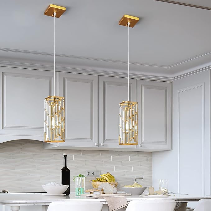 Gold Pendant Lighting Modern Pendant Light, Mini Crystal Chandeliers,Adjustable Pendant Light Fixture for Kitchen Island Dinning Room Bedroom (1 Pack)