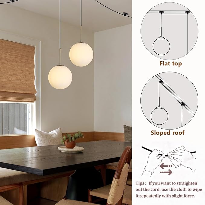 10” Plug in Globe Pendant Light Mid Century Modern Milk White Glass Globe Chandelier with 14.75ft Plug and Dimmable Switch for Bedroom Dining Room Kitchen Island, Brass