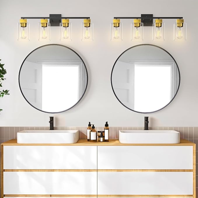Espird 4 Light Bathroom Vanity Light - Black and Brushed Gold Bathroom Light Fixtures UL Certification, Square Light Fixture Over Mirror, Farmhouse Light Fixtures for Bathroom & Bedroom