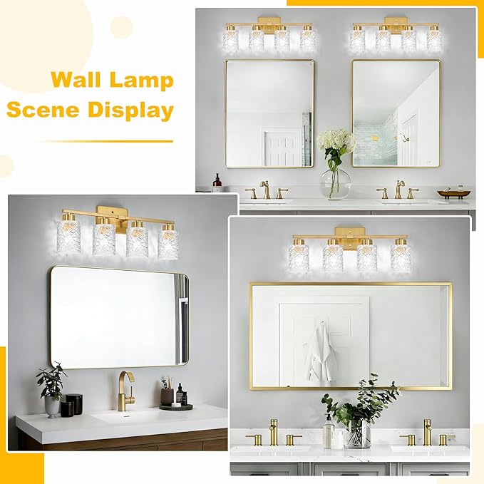 Brushed Gold Bathroom Light Fixtures, 4-Light Modern Bathroom Vanity Wall Light, Vanity Lights for Mirror, Wall Sconces with Clear Textured Glass (E26 Socket, Bulbs Not Included)
