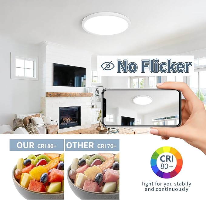 11.4 Inch 6PK LED Flush Mount Ceiling Light, ETL ,24W, 2427LM, 3000K/3500K/4000K/5000K/6500K CCT Selectable, 0.66in Ultra Thin Round Flat Panel Ceiling Light Fixture for Bedroom, Kitchen, (White)