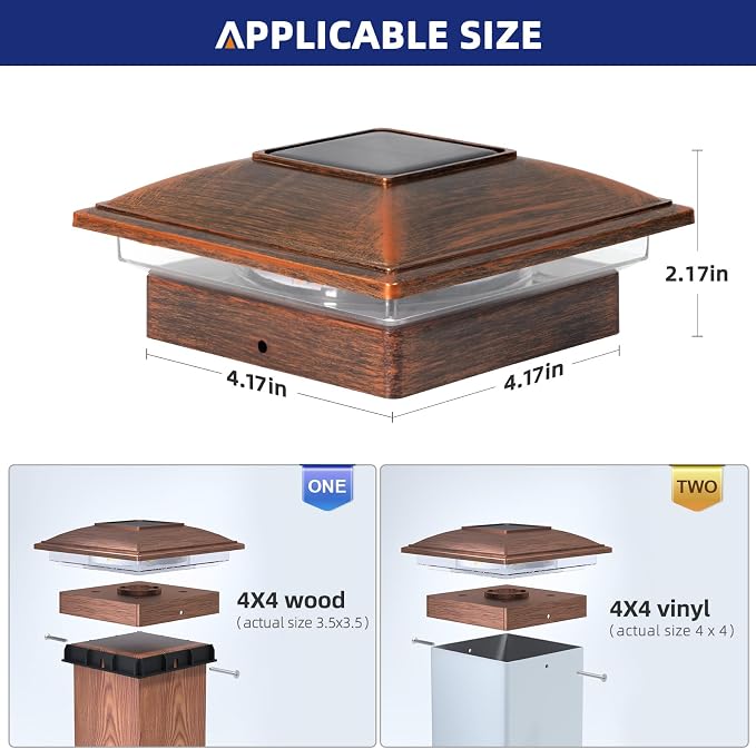 APONUO 12 Pack Solar Fence Post Lights, 2 Modes(Warm/Cool Light) Outdoor Waterproof 4x4 Post Solar Lights, Solar Powered Garden, Patio, Deck Decor for 4x4 Wood & Vinyl Posts, Brushed Copper
