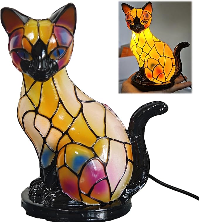 Retro Cat Colorful Resin Cat Table Lamp，3D Cute Pet Cats Themed LED Night Lamp，Perfect Gift for Pet Lovers Retro Cats Design Home Decor Lighting (Siamese Cat)