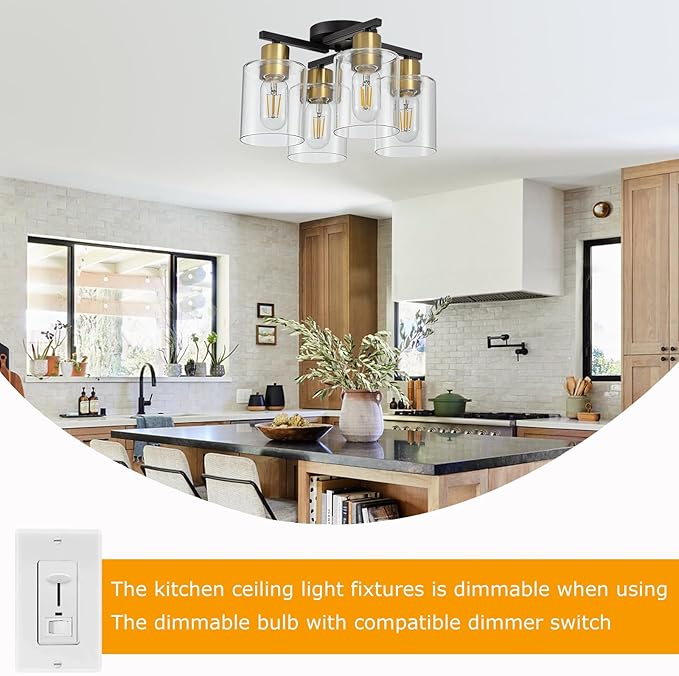 4-Light Semi Flush Mount Ceiling Light, Black and Gold Kitchen Lighting Fixtures Ceiling, Farmhouse Ceiling Light with Clear Glass Shade for Hallway, Living Room, Foyer, Bedroom