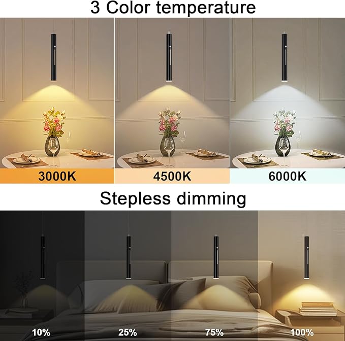 Lightess Battery Operated Pendant Light Set of 2, 6000mAh Rechargeable Hanging Light with Remote, 3 Color Dimmable, Wireless Chandelier for Kitchen Island Bedroom Hallway, Black
