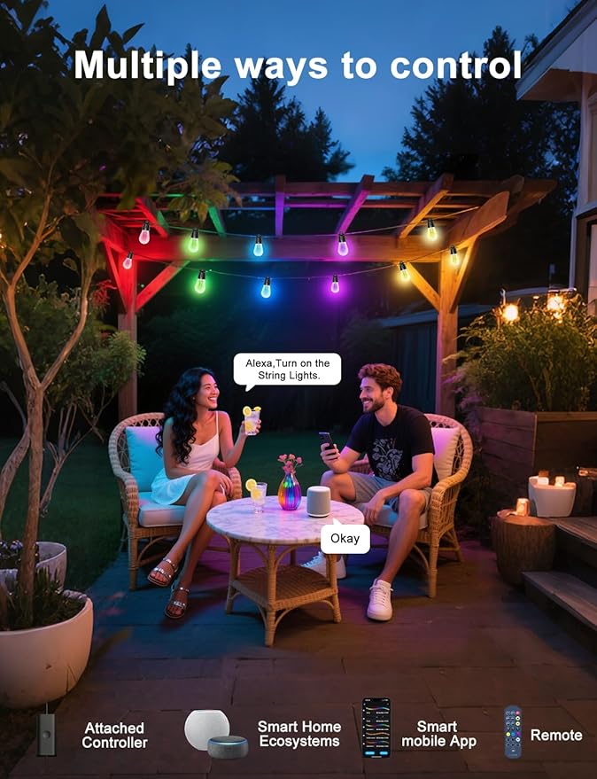Outdoor String Lights, 50ft Smart RGB IC Warm White Patio Lights Outdoor Waterproof with Remote & App Control, Compatible with Alexa Great for Deck, Gazebo, Balcony