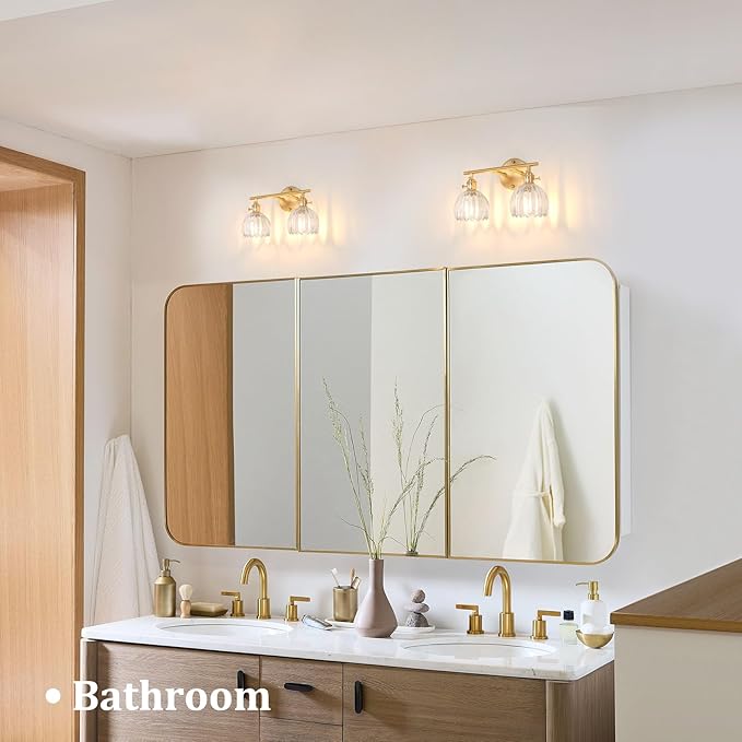 Shenmoyl Bathroom Light Fixtures, 2-Light Brass Vanity wall Light Over Mirror with Clear Tulip Glass Shade for Bedroom Living Room (Bulb Not Included)