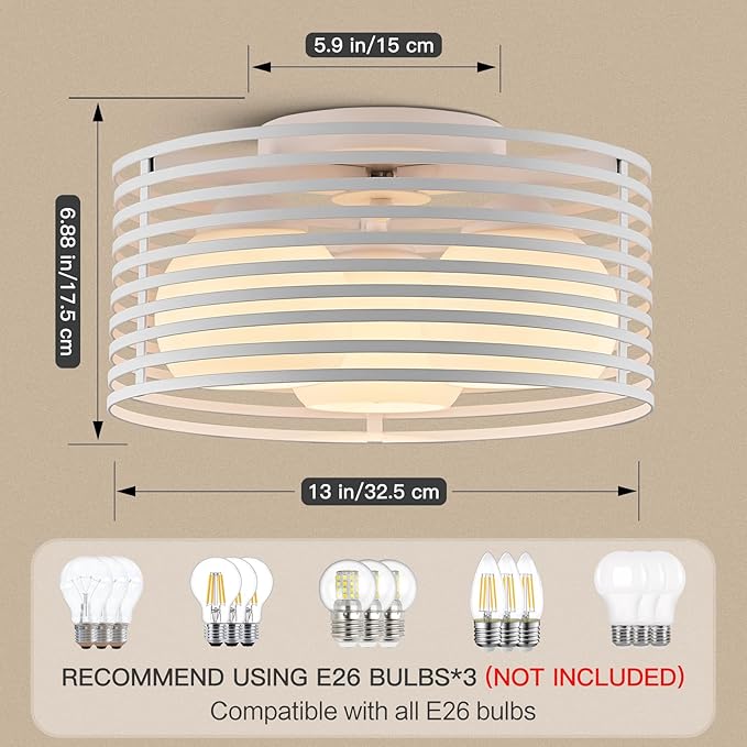Modern Industrial Semi Flush Mount Ceiling Light, 3-Light White Farmhouse Ceiling Light Fixture with Glass Shade, Hallway Lighting Fixture for Kitchen, Bedroom, Bathroom, Foyer, Laundry room 12.79in