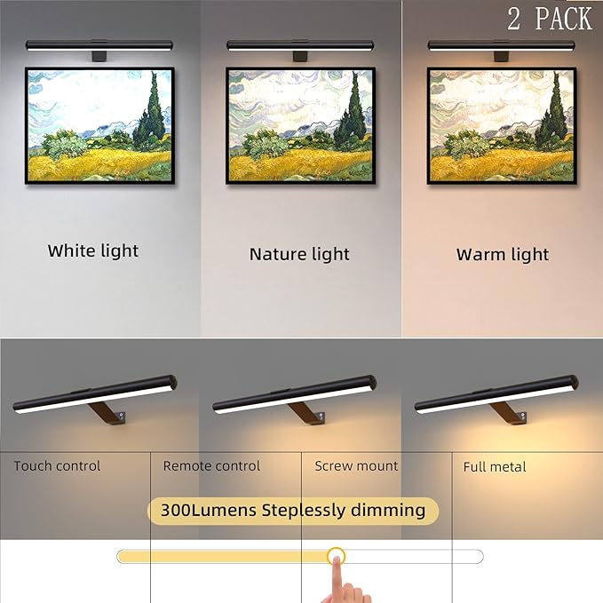 TINTINDOC 2Pack Wireless Picture Lights with Remote,Battery Operated,16.5'' Painting Lights for Art Picture Full Metal with Dimmable Timer, Magnetic Attached Display Light for Dartboard Gallery