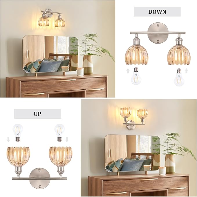 Shenmoyl Bathroom Light Fixtures, 2-Light Vanity wall Light Over Mirror with Amber Tulip Glass Shade for Bedroom Living Room (Bulb Not Included), Satin Nickel