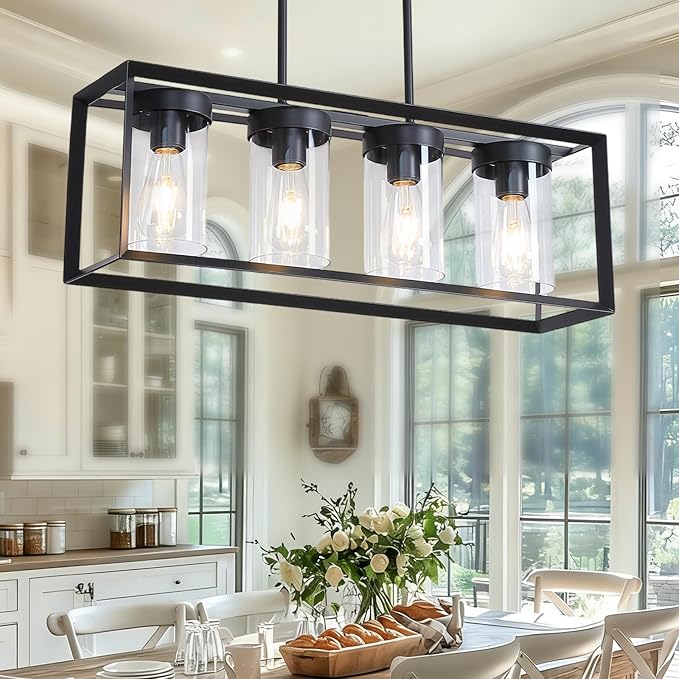 Black Rectangle Farmhouse Chandeliers, 4-Light Dining Room Light Fixture with Clear Glass Shades,Modern Metal Industrial Kitchen Island Lighting Fixtures Ceiling Hanging Pendant Lights