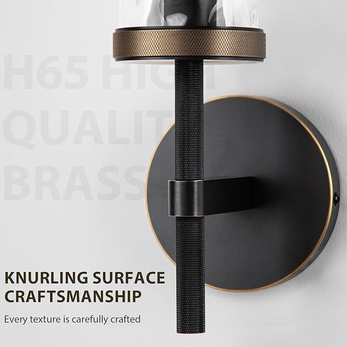 15" Knurled Brass Wall Sconces Set of 2, Black Gold Bathroom Vanity Light Fixtures with Water Ripples Glass Tube, Modern Lamp Lighting for Bedroom, Living Room, Hallway, Staircase, Mirror, Kitchen
