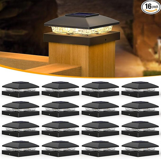 APONUO Solar Post Cap Lights for 4x4 Posts - IP64 Waterproof, 3000K LED, No-Wire Fence Lights & Deck Lights for Patio Garden Yard Patio, Black-Warm White, 16 Pack