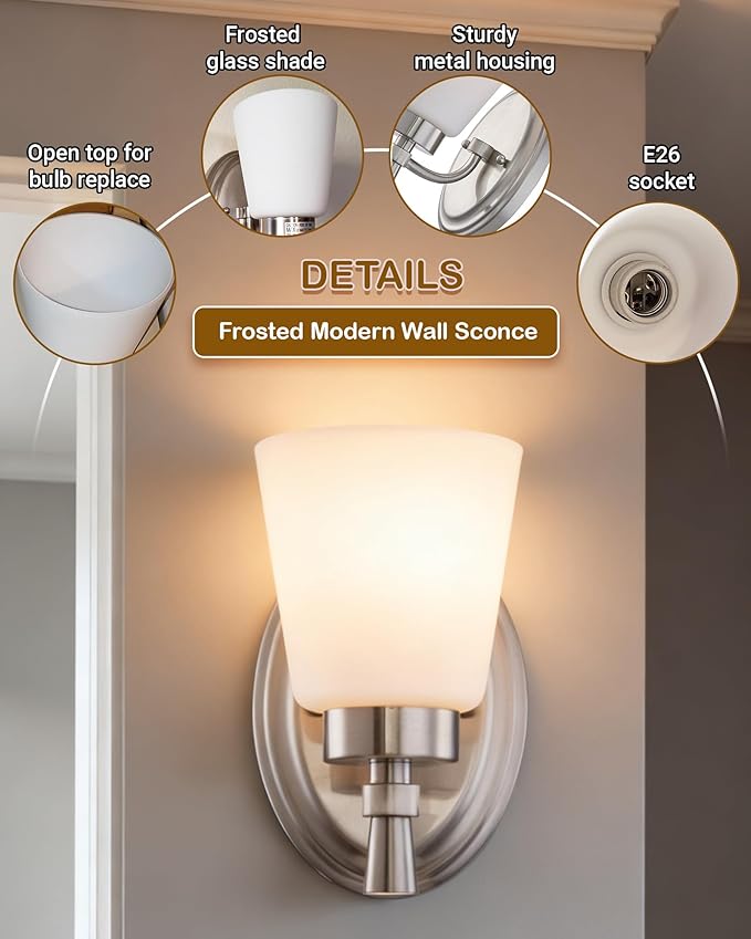 GRUENLICH Wall Sconces for Bathroom, Brushed Nickel Vanity Light Fixture Over Mirror, Single Hardwired Sconce with Frosted Glass Shades for Bedroom, Living Room, Modern Home Decor