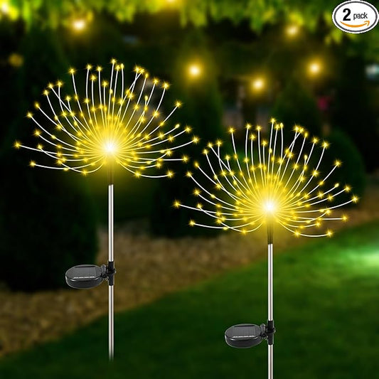 Slyuexu Solar Garden Lights Outdoor Waterproof, 2 Pack 120 LED Solar Firework Lights Decorative Garden Décor Outside for Flowerbed Pathway Party Christmas Decoration, Warm White