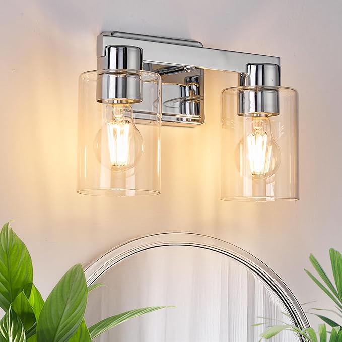 2-Light Bathroom Light Fixtures Modern Chrome Vanity Lights with Clear Glass Shade Wall Sconces Over Mirror for Bathroom, Powder Room, Living Room