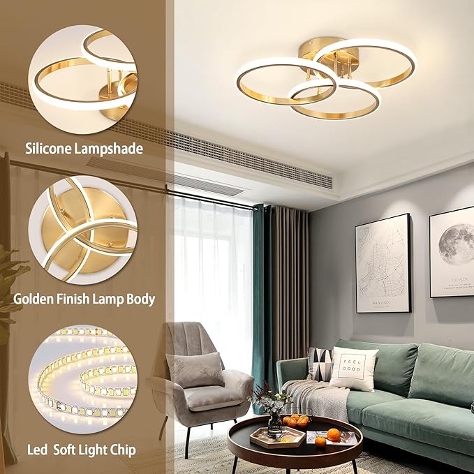 Modern Ceiling Light Fixture,3 Rings Dimmable Flush Mount Ceiling Light with Remote Control, Gold Close to Ceiling Lighting Fixtures for Bedroom Living Room Dining Room Kitchen Ceiling Lamp