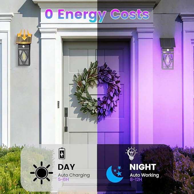 RGB Solar Wall Lights Outdoor 2 Pack, Dusk to Dawn & Motion Sensor Porch Light with Diamond Shape, 10 Modes (RGB Cycle/Fixed) IP65 Waterproof, E26 Bulb Exterior Sconce for Front Porch, Garage, Patio