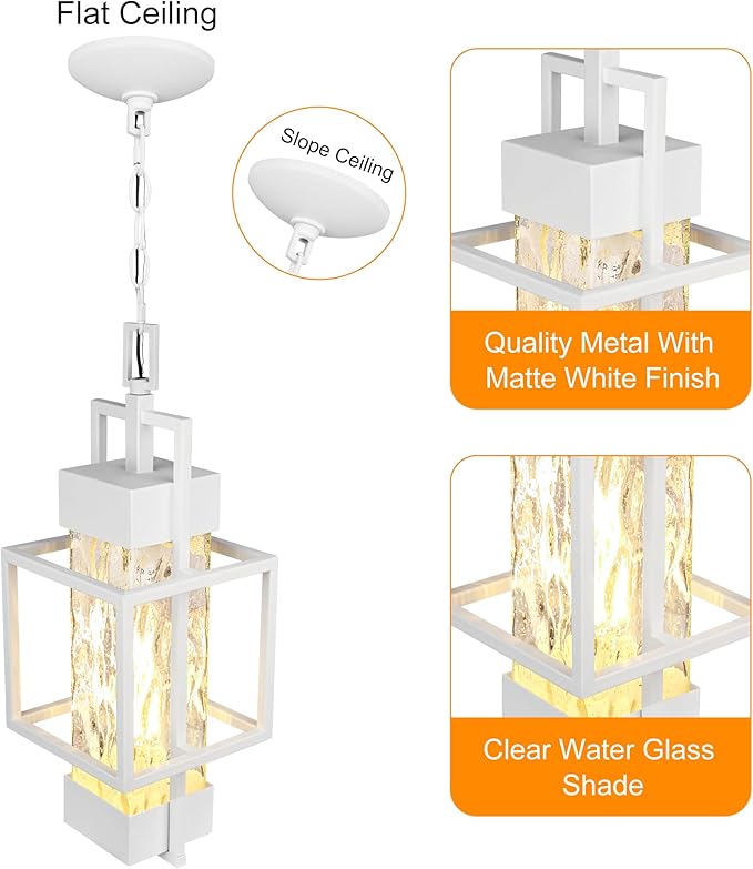 PARTPHONER 15" Outdoor Indoor Pendant Light Exterior Hanging Lantern, Modern Metal Outside Chandelier Light Fixture Ceiling Mount with Water Glass for Front Porch Entrance Foyer Entryway, White