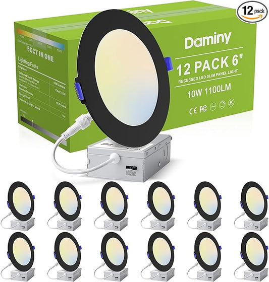 DAMINY 12 Pack 6 Inch Black LED Recessed Lighting with Junction Box,5CCT,Ultra-Thin Recessed Light,10W 1100LM, Dimmable Canless Wafer Ceiling Light, High Brightness