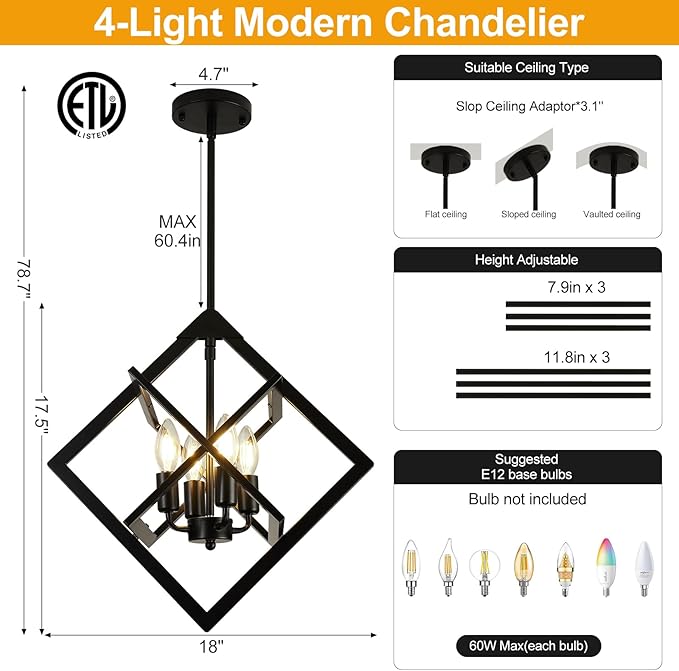 18" Modern Pendant Lights Kitchen Island, 4-Light Black Pendant Light Fixtures, Farmhouse Chandelier Kitchen Island Lighting, Industrial Hanging Pendant Lights for Kitchen Island Dining Room Entryway