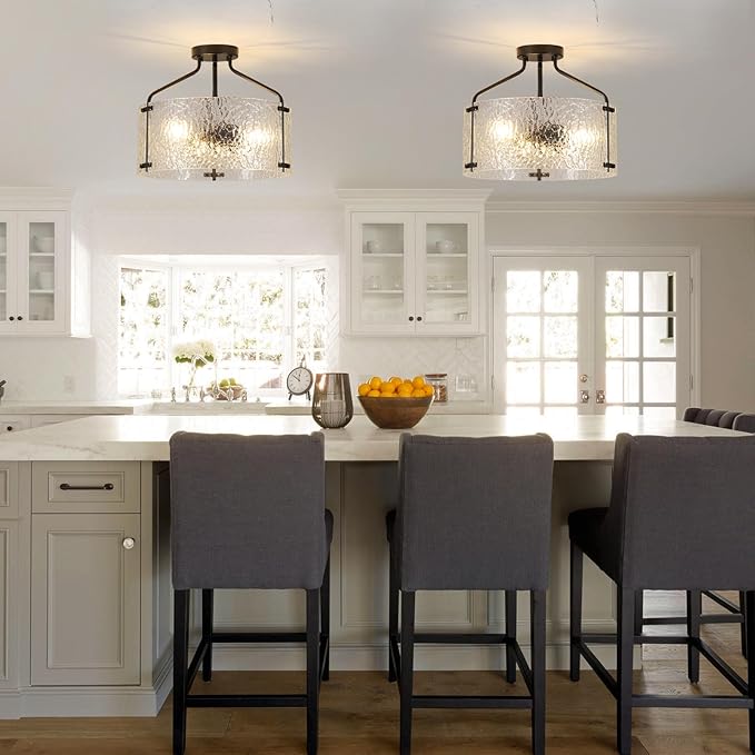 Semi Flush Mount Ceiling Light Fixture 16''Glass Chandelier Kitchen Lighting Fixtures Ceiling 3-Light Black Chandelier Hallway Light Fixture for Foyer Porch Bedroom Laundry Room