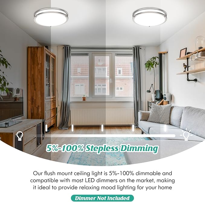 16 Inch LED Flush Mount Ceiling Light Fixture, Dimmable 5CCT Selectable 2700K Warm White-6500K Super Bright Daylight White, 50W 6000LM Round Brushed Nickle Ceiling Lamps for Living Room Kitchen, 2PACK