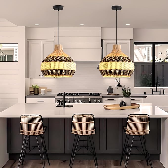 3-Light Rattan Pendant Light,15" Hand-Woven Black White Boho Basket Wicker Chandelier Faux Rattan Hanging Light,for Living Room Bedroom Kitchen Dining Hallway Farmhouse