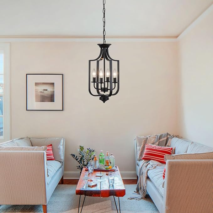 10.63" Black Chandelier 4-Lights Modern Farmhouse Lantern Chandeliers for Dining Room Rustic Metal Cage Industrial Vintage Adjustable Pendant Light Fixture for Foyer Kitchen Entryway Hallway E12