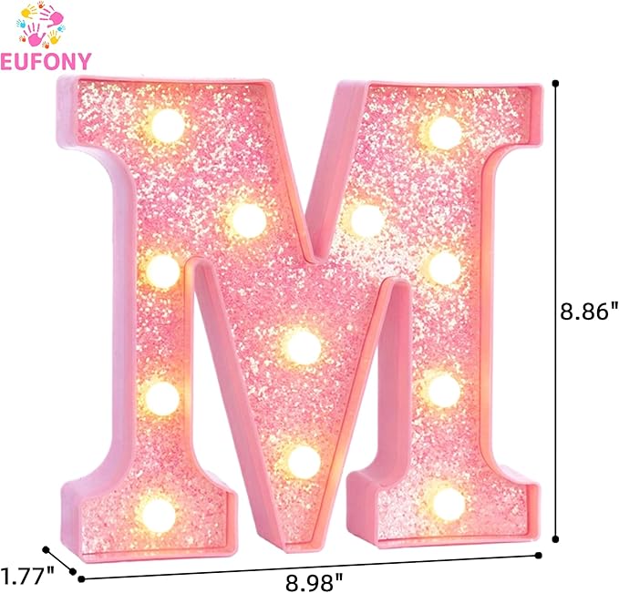 Pink Marquee Light Up Letters, Glitter Alphabet LED Letter Lights for Pink Birthday Party Decorations, Battery Operated Letter Sign for Girls Room Vanity Table Decor, Warm White Lights Letter M