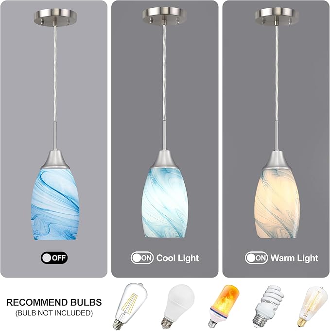 Mini Glass Pendant Light with Handblown Blue Marble Art Glass Shade Adjustable Cord Modern Oval Lamp Ceiling Pendant Light Fixture for Dining Room, kitchen,Foyer, Hallway, Brushed Nickel Finish 3 Pack