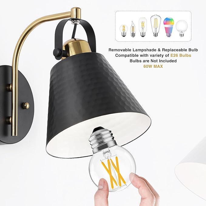 PAZALA Bathroom Sconces Set of 2, Black and Gold Wall Sconces Set of Two, Bathroom Vanity Light with Rotatable Metal Shade, Modern Farmhouse Wall Light Fixtures for Bath Mirror Bedroom Stair Hallway
