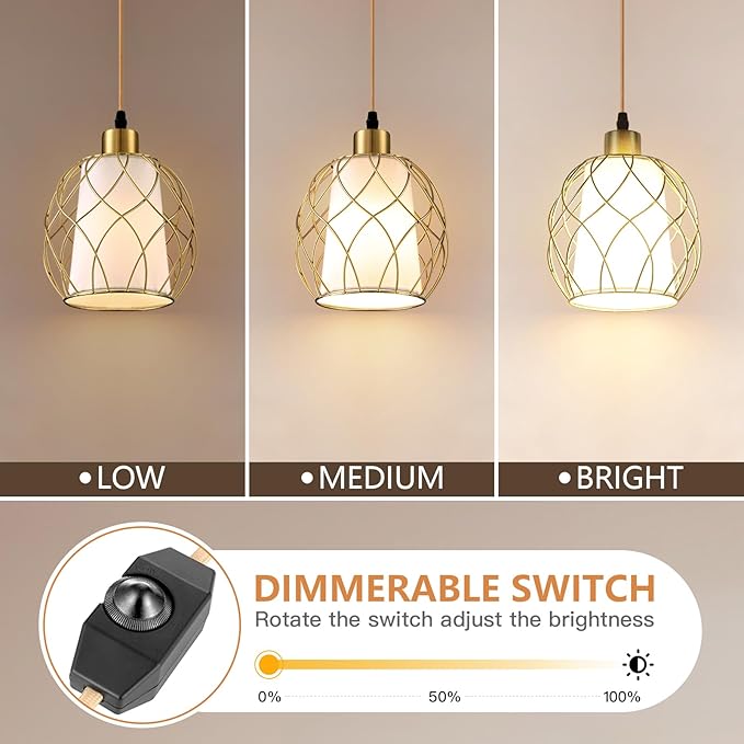Cinkeda Plug-in Pendant Light, Hanging Lamp with Linen Shade, 15ft Golden Cotton Cord, Plug-in Light Fixture for Bedroom (Bulb Included)