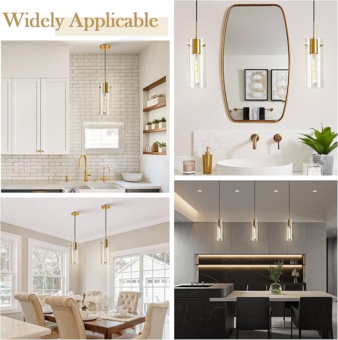 Gold Pendant Light Fixtures, 3 Pack Modern Pendant Lighting with Clear Striped Glass Shade, Hanging Pendant Lights Kitchen Island, Farmhouse Pendant Lighting for Dining Room Bedroom Bathroom