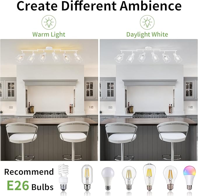WILON Track Lighting Fixtures, 6 Light Kit Flush Mount Ceiling Spotlight, White Kitchen Light, Flexibly Rotatable Head, E26 Base