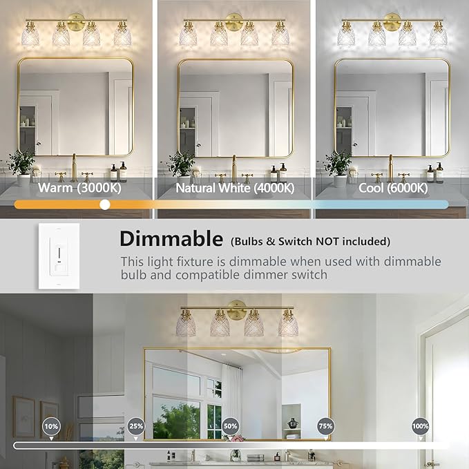 4-Light Bathroom Light Fixtures, Modern Brushed Gold Vanity Light Over Mirror, Wall Sconce with Clear Hammered Glass Shades, E26 Base (Bulbs Not Included)