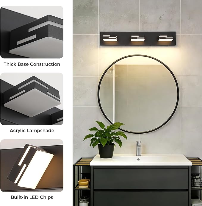 3-Light 5CCT Modern Bathroom Vanity Light Fixtures, 24-Inch 350° Rotatable LED Vanity Lights Over Mirror, Dimmable Matte Black Wall Sconce with Frosted Acrylic Shade