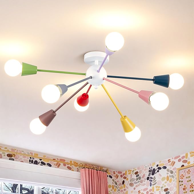 33 Inch Colorful Sputnik Chandelier, 8-Light Kids Ceiling Light Fixture, Modern Semi-Flush Mount Lamp for Children's Bedroom,Playroom, Nursery, Dining Room, Kitchen, Entryway