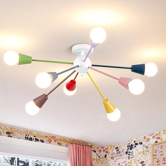 33 Inch Colorful Sputnik Chandelier, 8-Light Kids Ceiling Light Fixture, Modern Semi-Flush Mount Lamp for Children's Bedroom,Playroom, Nursery, Dining Room, Kitchen, Entryway